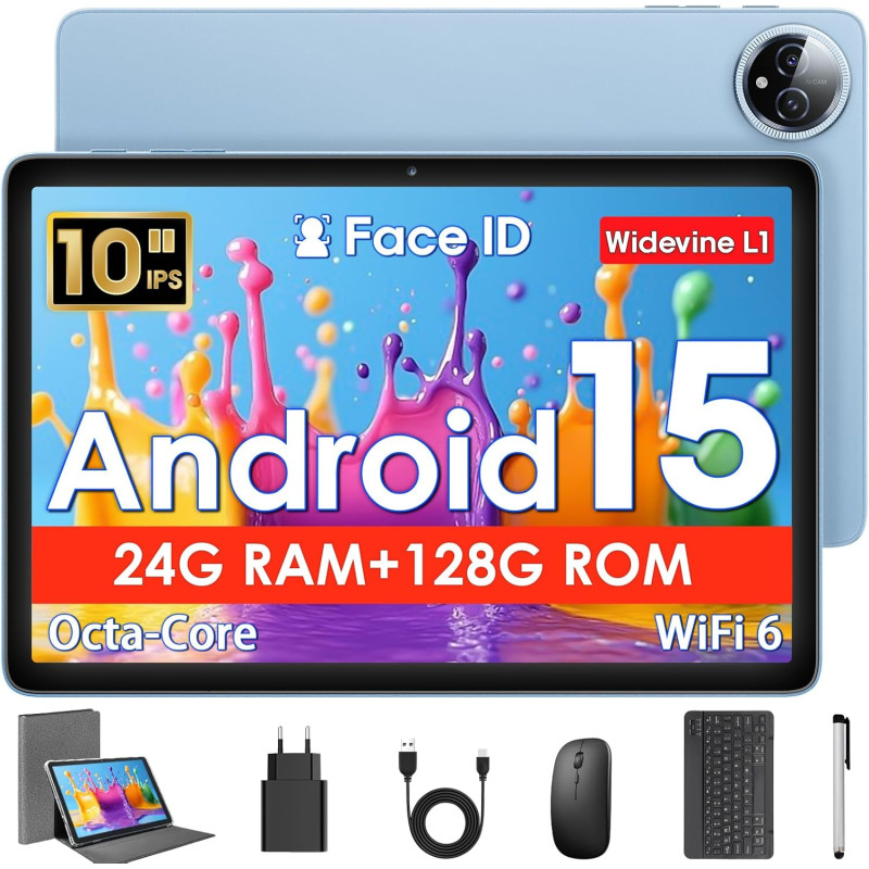 Tablette 10 Pouces, Tablette Android 15 avec Étui, Souris & Clavier, Octa-Core, 24 Go RAM + 128 Go ROM + 1 TO TF, Écran IPS HD 1