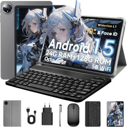 Tablette 10 Pouces, Tablette Android 15 avec Étui, Souris & Clavier, Octa-Core, 24 Go RAM + 128 Go ROM + 1 TO TF, Écran IPS HD 1
