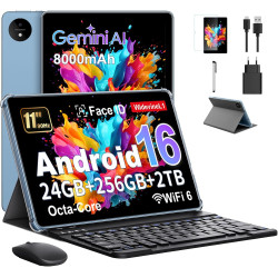 Tablette 11 Pouces avec Gemini AI, Tablettes Android 16 avec Coque, Souris & Clavier, Octa-Core, 24 GO RAM + 256 GO ROM + 2 TO T