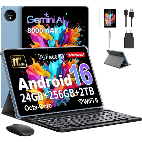 Tablette 11 Pouces avec Gemini AI, Tablettes Android 16 avec Coque, Souris & Clavier, Octa-Core, 24 GO RAM + 256 GO ROM + 2 TO T