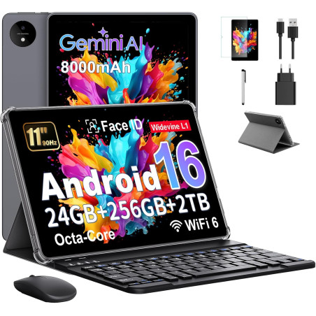 Tablette 11 Pouces avec Gemini AI, Tablettes Android 16 avec Coque, Souris & Clavier, Octa-Core, 24 GO RAM + 256 GO ROM + 2 TO T