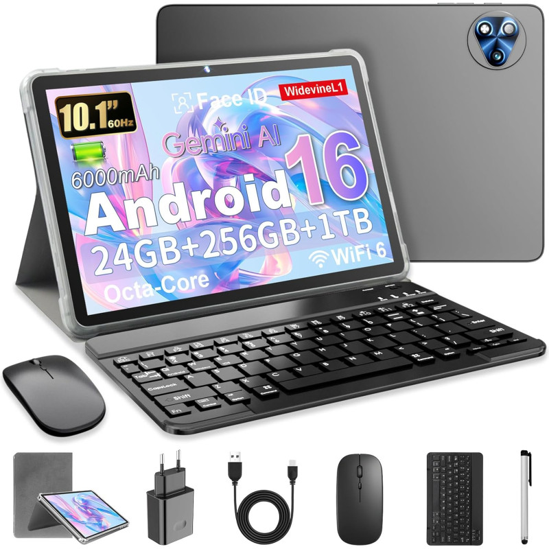 Android 16 Tablette 10 Pouces avec Gemini AI, Tablette avec Clavier, Souris & Stylet, Octa-Core, 24 GO RAM + 256 GO ROM + 1 TO T