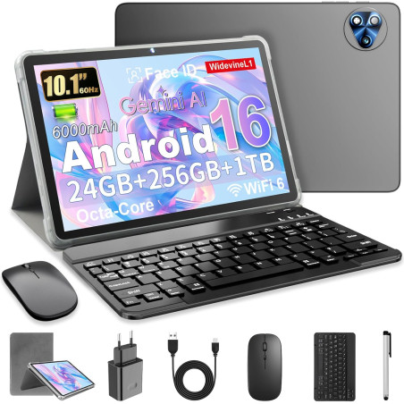 Android 16 Tablette 10 Pouces avec Gemini AI, Tablette avec Clavier, Souris & Stylet, Octa-Core, 24 GO RAM + 256 GO ROM + 1 TO T