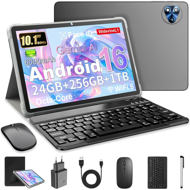 Android 16 Tablette 10 Pouces avec Gemini AI, Tablette avec Clavier, Souris & Stylet, Octa-Core, 24 GO RAM + 256 GO ROM + 1 TO T