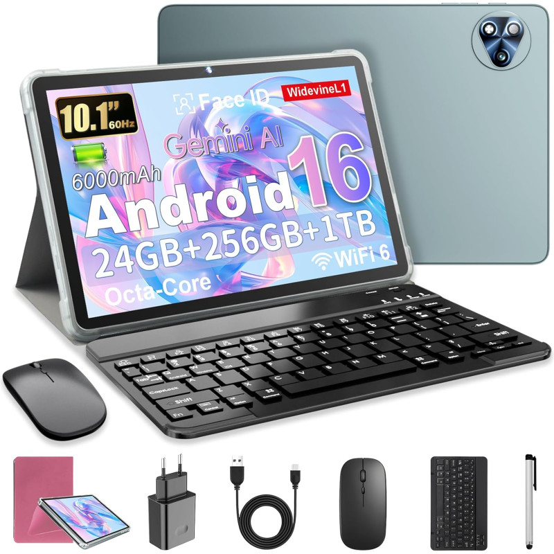 Android 16 Tablette 10 Pouces avec Gemini AI, Tablette avec Clavier, Souris & Stylet, Octa-Core, 24 GO RAM + 256 GO ROM + 1 TO T