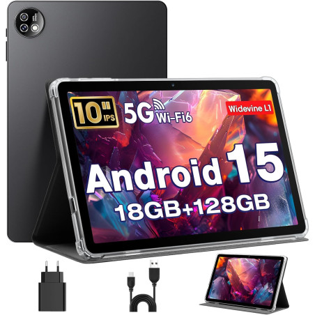 Tablette 10 Pouces, Tablettes Android 15 avec Étui, Unisoc T30 Quad-Core, 18 GO RAM + 128 GO ROM + 1 TO TF, Écran HD IPS 1280x80