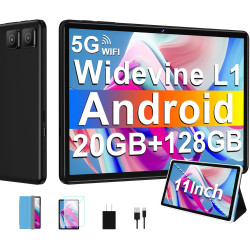 Tablette Android avec Widevine L1, 13MP+5MP, 8000 mAh + Charge Rapide 18 W, Tablette Tactile 11 Pouces avec 20 Go RAM + 128 Go R