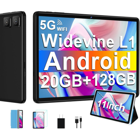 Tablette Android avec Widevine L1, 13MP+5MP, 8000 mAh + Charge Rapide 18 W, Tablette Tactile 11 Pouces avec 20 Go RAM + 128 Go R