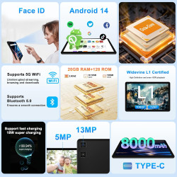 Tablette Android avec Widevine L1, 13MP+5MP, 8000 mAh + Charge Rapide 18 W, Tablette Tactile 11 Pouces avec 20 Go RAM + 128 Go R