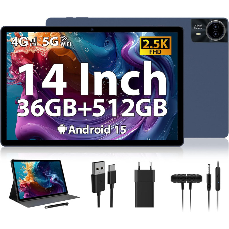 Tablette 14 Pouces Android 15 avec 36Go RAM + 512Go ROM (1TB TF), 4G LTE/SIM+5G WiFi, 11580mAh | 2240 * 1400HD | Octa-Core 2.0GH