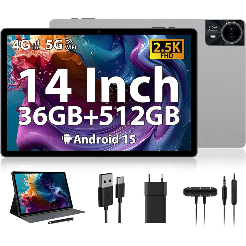 Tablette 14 pouces android 15 avec 36go ram+512go rom (1tb tf), 4g lte/sim+5g wifi, 11580mah | 2240 * 1400hd | octa-core 2.0ghz 