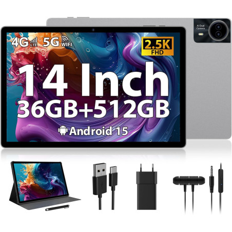 Tablette 14 pouces android 15 avec 36go ram+512go rom (1tb tf), 4g lte/sim+5g wifi, 11580mah | 2240 * 1400hd | octa-core 2.0ghz 