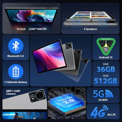 Tablette 14 pouces android 15 avec 36go ram+512go rom (1tb tf), 4g lte/sim+5g wifi, 11580mah | 2240 * 1400hd | octa-core 2.0ghz 