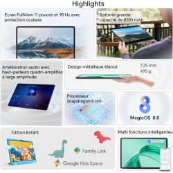 Honor pad x8a tablette tactile 11 pouces android 14+bleutooth, wifi, 4 go/128 go tablette with 4 haut-parleurs, 90hz eye protect