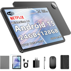 Tablette 10 Pouces Android 15 : 24 Go RAM + 128 Go ROM (Jusqu'à 1 To), Processeur Octa-Core, écran IPS HD 1280x800, Caméras 5MP+
