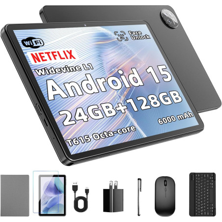 Tablette 10 Pouces Android 15 : 24 Go RAM + 128 Go ROM (Jusqu'à 1 To), Processeur Octa-Core, écran IPS HD 1280x800, Caméras 5MP+