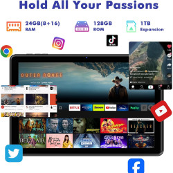 Tablette 10 Pouces Android 15 : 24 Go RAM + 128 Go ROM (Jusqu'à 1 To), Processeur Octa-Core, écran IPS HD 1280x800, Caméras 5MP+