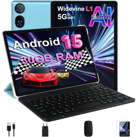 DMOAO Tablette 10 Pouces Android 15 avec 30 Go RAM + 2 to ROM Expansion, Widevine L1, 5G Wi-FI, Gemeni AI, 8 cœurs, GPS, 2 en 1 