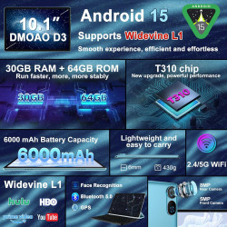 DMOAO Tablette 10 Pouces Android 15 avec 30 Go RAM + 2 to ROM Expansion, Widevine L1, 5G Wi-FI, Gemeni AI, 8 cœurs, GPS, 2 en 1 