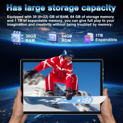 DMOAO Tablette 10 Pouces Android 15 avec 30 Go RAM + 2 to ROM Expansion, Widevine L1, 5G Wi-FI, Gemeni AI, 8 cœurs, GPS, 2 en 1 