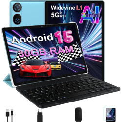 DMOAO Tablette 10 Pouces Android 15 avec 30 Go RAM + 2 to ROM Expansion, Widevine L1, 5G Wi-FI, Gemeni AI, 8 cœurs, GPS, 2 en 1 
