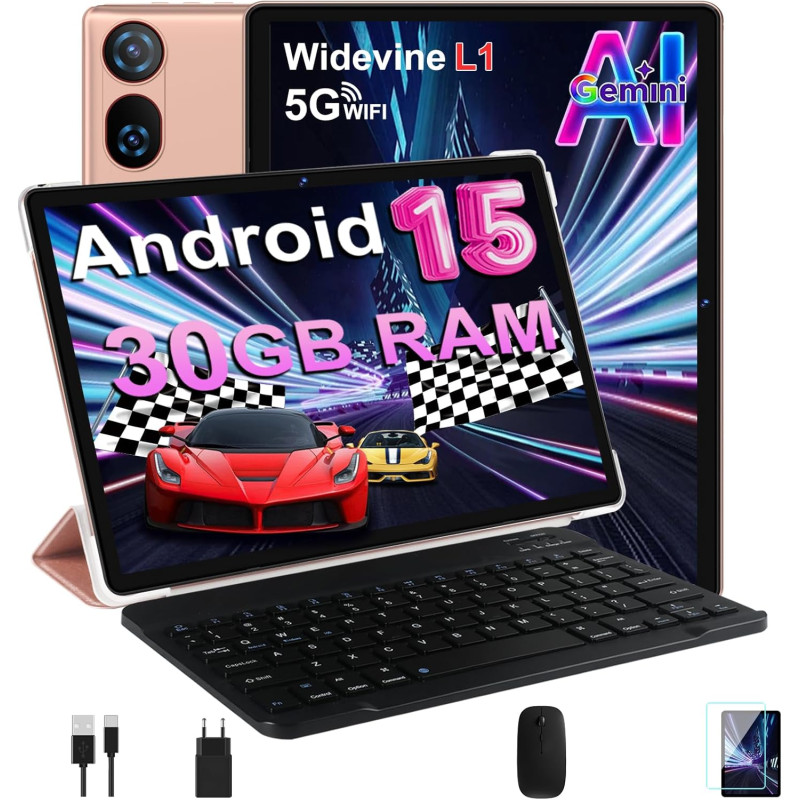 Dmoao tablette 10 pouces android 15 avec 30 go ram + 2 to rom expansion, widevine l1, 5g wi-fi, gemeni ai, 8 cœurs, gps, 2 en 1 