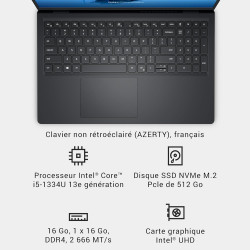 Dell 15 PC Portable DC15250 15,6" FHD (1920 x 1080) 120 Hz, Processeur Intel Core i5-1334U, Graphiques Intel UHD, 16 Go RAM, 512