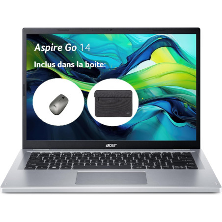 Acer Pack: Aspire Go 14 AG14-31P-33YH, Ordinateur Portable 14'' WUXGA IPS, PC Portable (Intel Core i3-N305, RAM 8 Go, SSD 512 Go