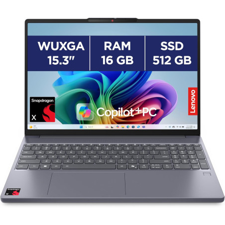 Lenovo IdeaPad Slim 3 15Q8X10 - Ordinateur Portable 15.3'' WUXGA Copilot+ (Snapdragon X X1-26-100, RAM 16Go, SSD 512Go, Qualcomm