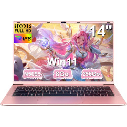 Ordinateur Portable 14 Pouces Celeron N5095 Win11 Pro 8Go RAM 256Go SSD Extension1To 5G WiFi 1920x1080 FHD PC Portable avec Sour