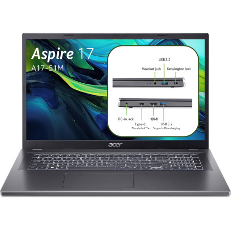 Acer Aspire 17 I PC Portable 17.3" FHD LCD 60 Hz I Intel Core i5-1334U (13è gén.) I 16Go RAM DDR5 I 512Go SSD I Intel XE Graphic