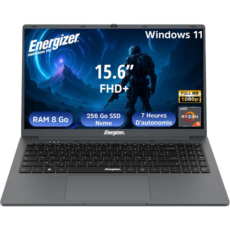 Energizer EnergyBook Pro 15,6" PC Portable - Écran FHD IPS, AMD Ryzen 5, 8Go RAM, 256Go SSD, Windows 11 - Clavier AZERTY Françai