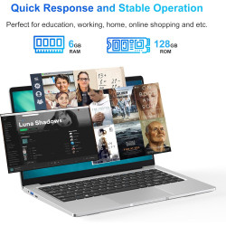 Ordinateur portable 14,1" hd, 6 go ram, ssd 128 go, processeur double cœur, wi‑fi 2,4g/5g & bleutooth, design silencieux sans ve