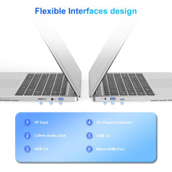 Ordinateur portable 14,1" hd, 6 go ram, ssd 128 go, processeur double cœur, wi‑fi 2,4g/5g & bleutooth, design silencieux sans ve