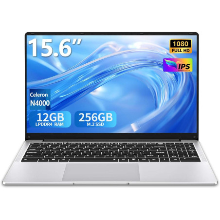 Ordinateur Portable 15,6 Pouces 12 Go RAM 256 Go SSD N4000 Processeur Écran IPS Full HD PC Portable WiFi 5 BT Mini HDMI Charnièr