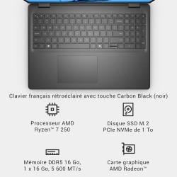 Dell 16 x dc16255 amd ryzen 7 250 16" 2k (1920x1200) anti-glare amd radeon 16gb ddr5 ram 1tb ssd windows 11 home azerty backlit 