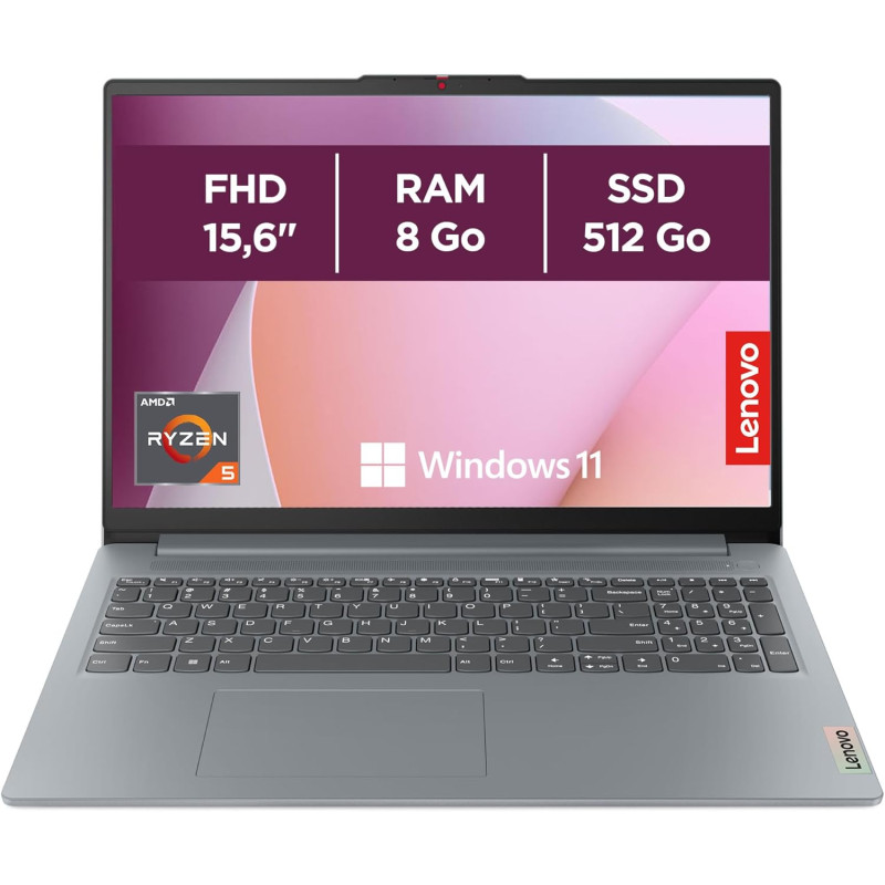 Lenovo IdeaPad Slim 3 15AMN8 - Ordinateur Portable 15.6'' FHD (AMD Ryzen 5 7520U, RAM 8Go, SSD 512Go, AMD Radeon 610M Graphics, 