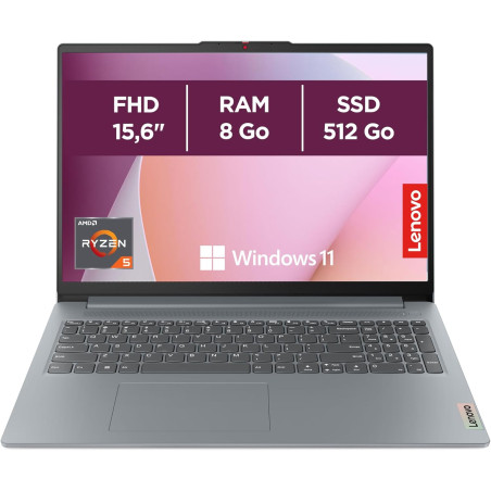 Lenovo IdeaPad Slim 3 15AMN8 - Ordinateur Portable 15.6'' FHD (AMD Ryzen 5 7520U, RAM 8Go, SSD 512Go, AMD Radeon 610M Graphics, 