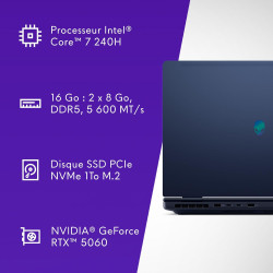 Alienware 16 Aurora PC Portable Gaming AC16250 16" WQXGA écran 120Hz 100% sRGB, Intel Core 7 240H Series 2, NVIDIA GeForce RTX 5