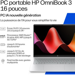 HP OmniBook 3 16-by0000sf Ordinateur Portable 16" 2K IPS, PC Portable (AMD Ryzen 5 40, RAM 16 Go, SSD 512 Go, AMD Radeon 610M Gr