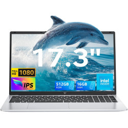 Ordinateur Portable 17,3" Full HD | Processeur Quad-Core N95 12ème gén jusqu'à 3,4GHz | 16Go RAM DDR4 512Go SSD M.2 | WiFi 5 BT 