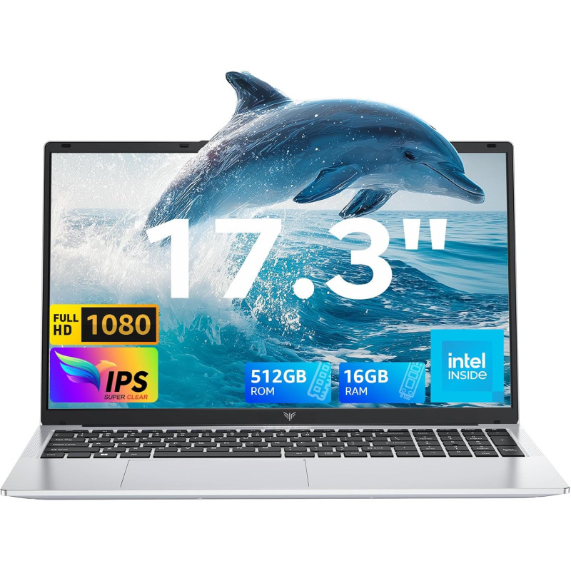 Ordinateur Portable 17,3" Full HD | Processeur Quad-Core N95 12ème gén jusqu'à 3,4GHz | 16Go RAM DDR4 512Go SSD M.2 | WiFi 5 BT 