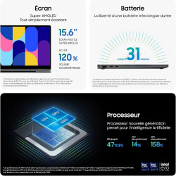 Samsung Galaxy Book5 360 15.6", Copilot+PC, Ordinateur Portable avec IA, Processeur Intel Core Ultra 7, Mémoire 16Go RAM, Stocka