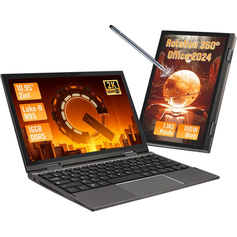 Mini Ordinateur Portable 2 en 1 De 10,95 Pouces, Écran Tactile 2000 * 1200, Celeron N95(Jusqu'à 3,4 GHz), 16 Go DDR5, 960 Go SSD