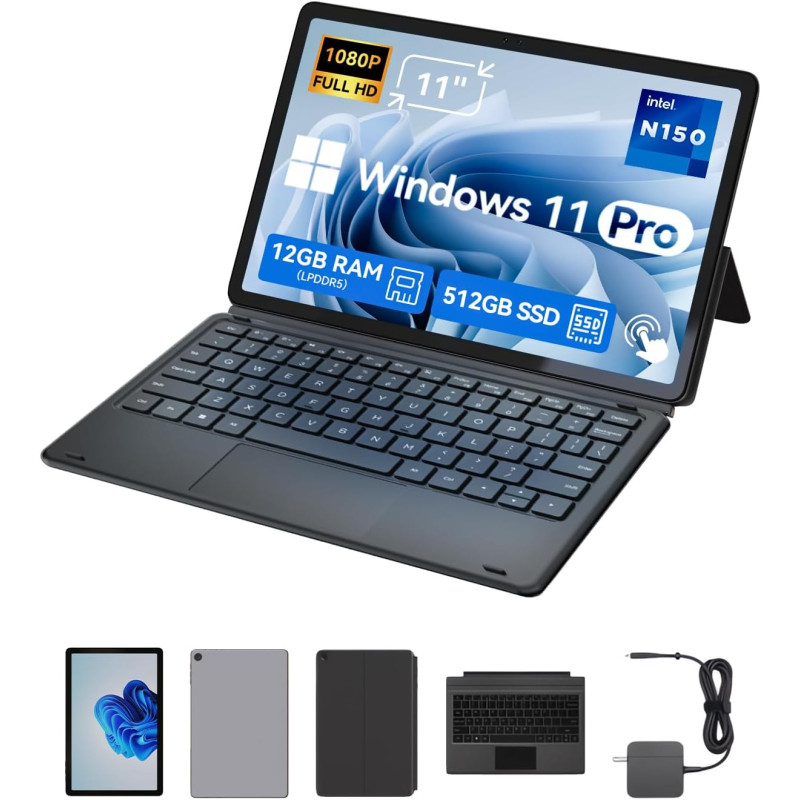 BNCF PC Portable 2-en-1 11 Pouces, Écran Tactile Win 11 Compatible avec Twin Lake N150, 12 Go de RAM 512 Go SSD, Tablet IPS FHD 