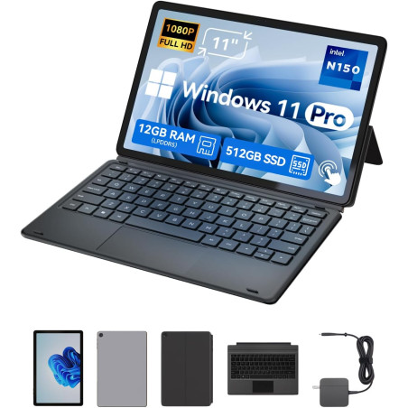 BNCF PC Portable 2-en-1 11 Pouces, Écran Tactile Win 11 Compatible avec Twin Lake N150, 12 Go de RAM 512 Go SSD, Tablet IPS FHD 