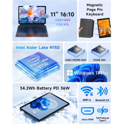 BNCF PC Portable 2-en-1 11 Pouces, Écran Tactile Win 11 Compatible avec Twin Lake N150, 12 Go de RAM 512 Go SSD, Tablet IPS FHD 
