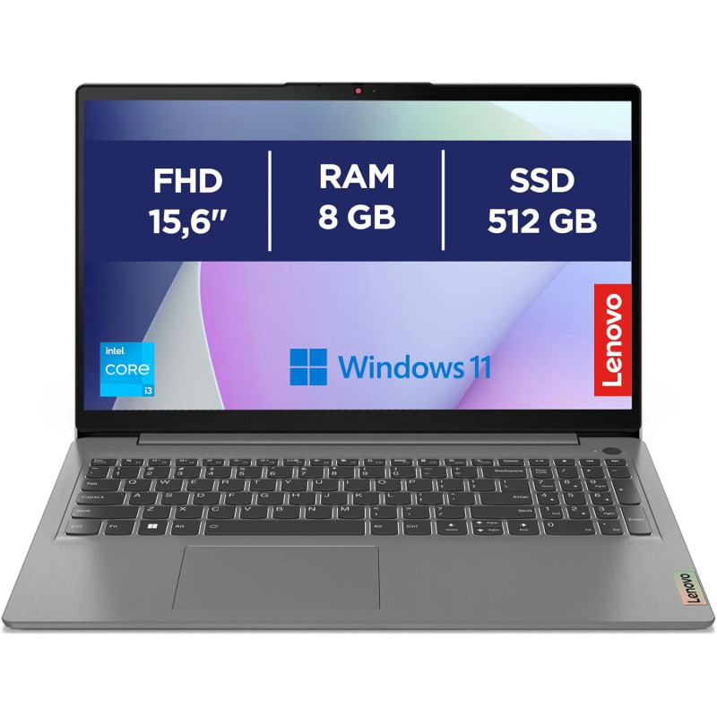 Lenovo IdeaPad 3 Ordinateur portable 15,6" FHD (1920 x 1080), Intel Core i3-1215U, 8 Go de RAM, SSD 512 Go, Windows 11 Home, WiF