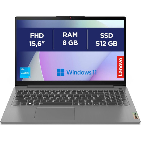 Lenovo IdeaPad 3 Ordinateur portable 15,6" FHD (1920 x 1080), Intel Core i3-1215U, 8 Go de RAM, SSD 512 Go, Windows 11 Home, WiF