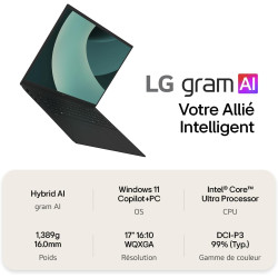 LG Gram 17Z90RU-G.AP55F - PC Portable 17" 1350g, écran DCI-P3 99% QHD+ Format, Intel® Evo™ i5-1334, RAM 16Go, SSD 512Go NVMe, In